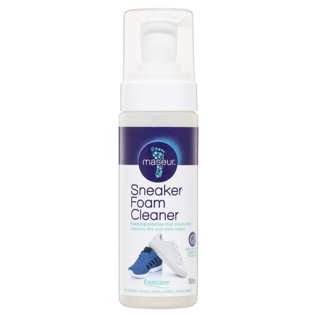 Maseur Footcare Sneaker Foam Cleaner 150mL for easy, waterless cleaning of leather, canvas, and synthetic shoes.