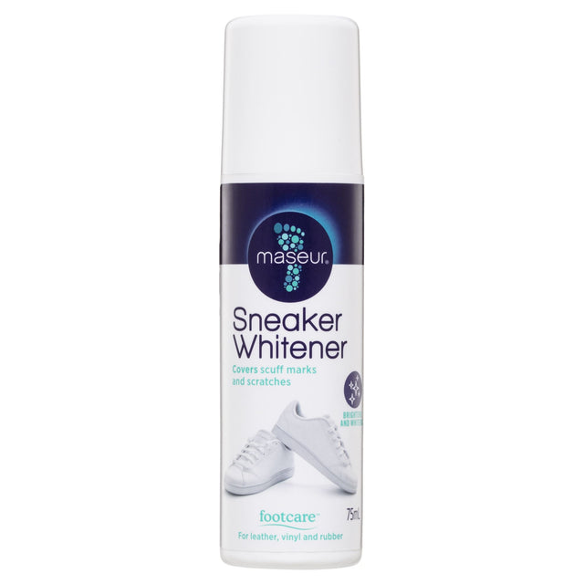 Maseur Footcare Sneaker Whitener 75mL revitalizes stained sneakers, covering scuffs with a convenient sponge applicator.