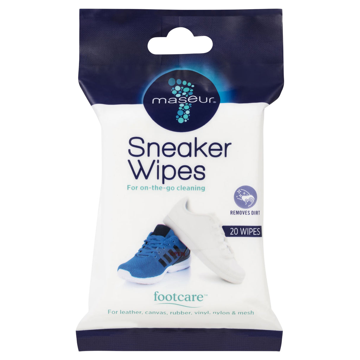 Maseur Footcare Sneaker Wipes pack, ideal for cleaning sneakers on-the-go with a gentle, residue-free formula.