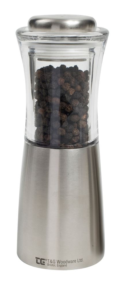 Sleek Apollo Stainless & Acrylic Pepper Mill featuring CrushGrind® technology for effortless and precise grinding.