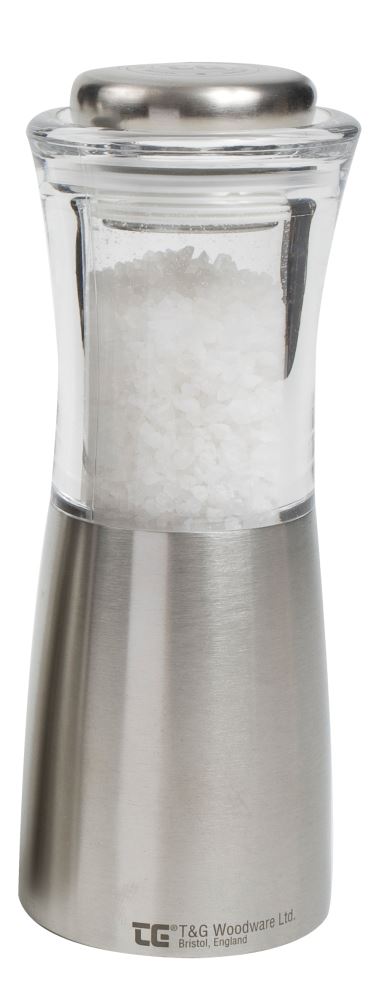 Apollo Stainless & Acrylic CrushGrind® Salt Mill, featuring a sleek design and durable ceramic mechanism for effortless grinding.