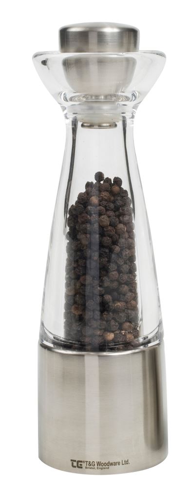 Elegant 200mm Stockholm Pepper Grinder in stainless steel and acrylic, featuring CrushGrind® mechanism for effortless grinding.