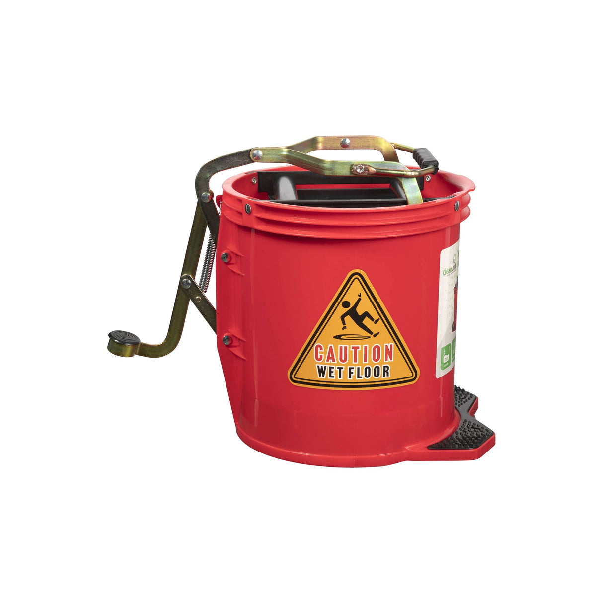 Cleanlink 16L Heavy Duty Red Mop Bucket with Metal Wringer, featuring non-slip pedal and castors for easy maneuverability.