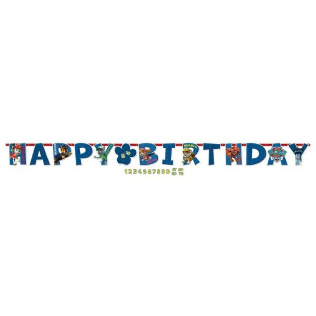 Vibrant Paw Patrol Jumbo Add-An-Age Letter Banner, customizable with age and suffixes for birthday celebrations.