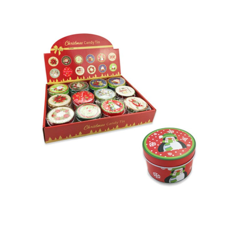 Christmas Candy Tin Round 75 mmD x 6cm H - Pack of 12