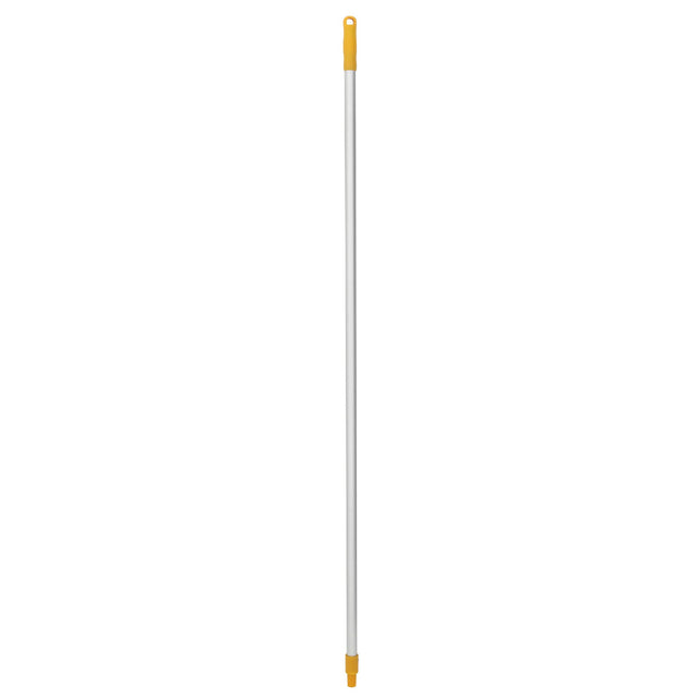 Durable 150cm yellow aluminum mop handle with comfortable grip, designed for commercial cleaning and compatible with 25mm attachments.