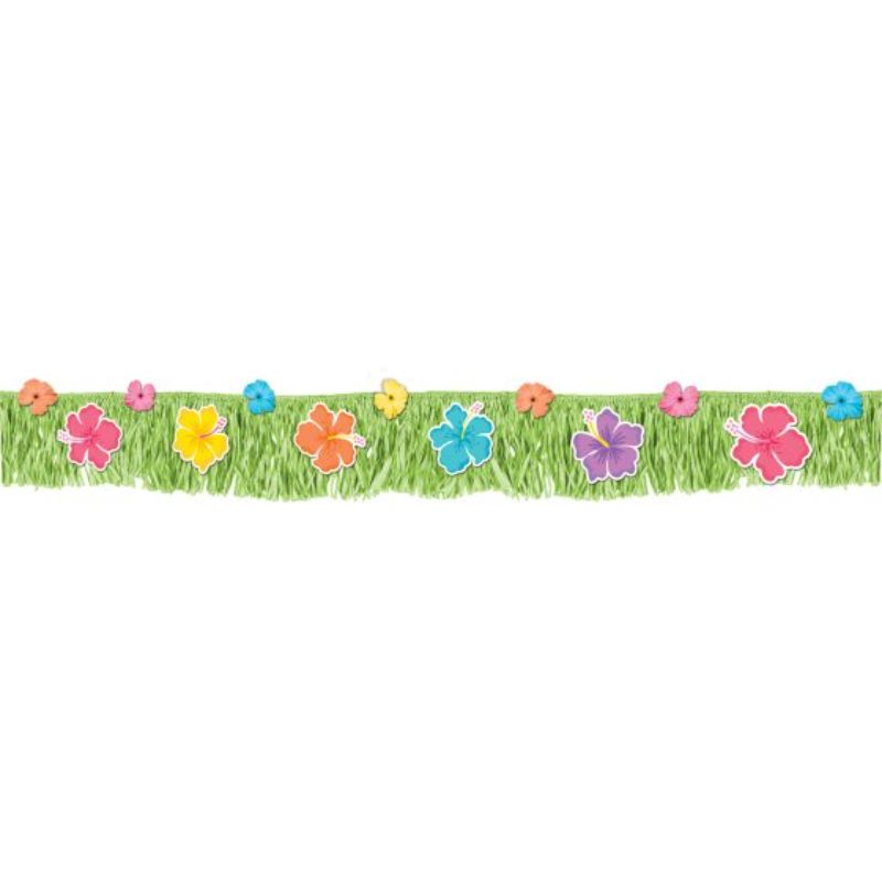Vibrant Summer Hibiscus fringed banner for tropical-themed parties, measuring 23cm x 178cm, perfect for festive decor.