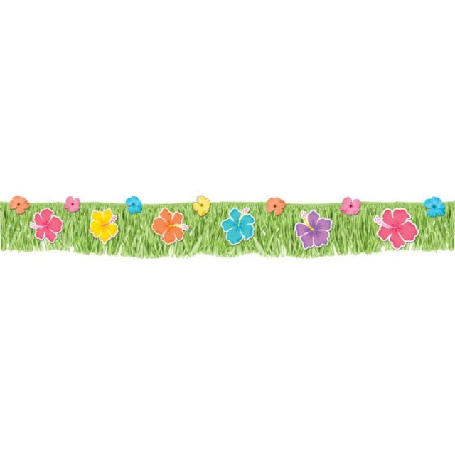 Vibrant Summer Hibiscus fringed banner for tropical-themed parties, measuring 23cm x 178cm, perfect for festive decor.