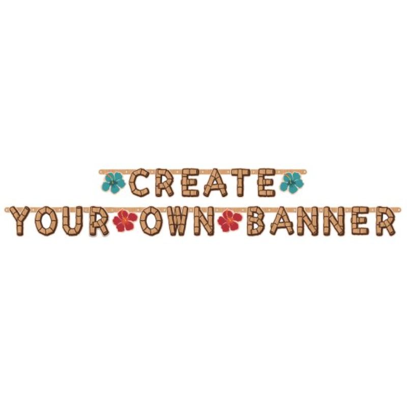 Vintage Tiki customizable banner with flower cutouts, perfect for tropical-themed celebrations, measuring 84 x 11 cm.