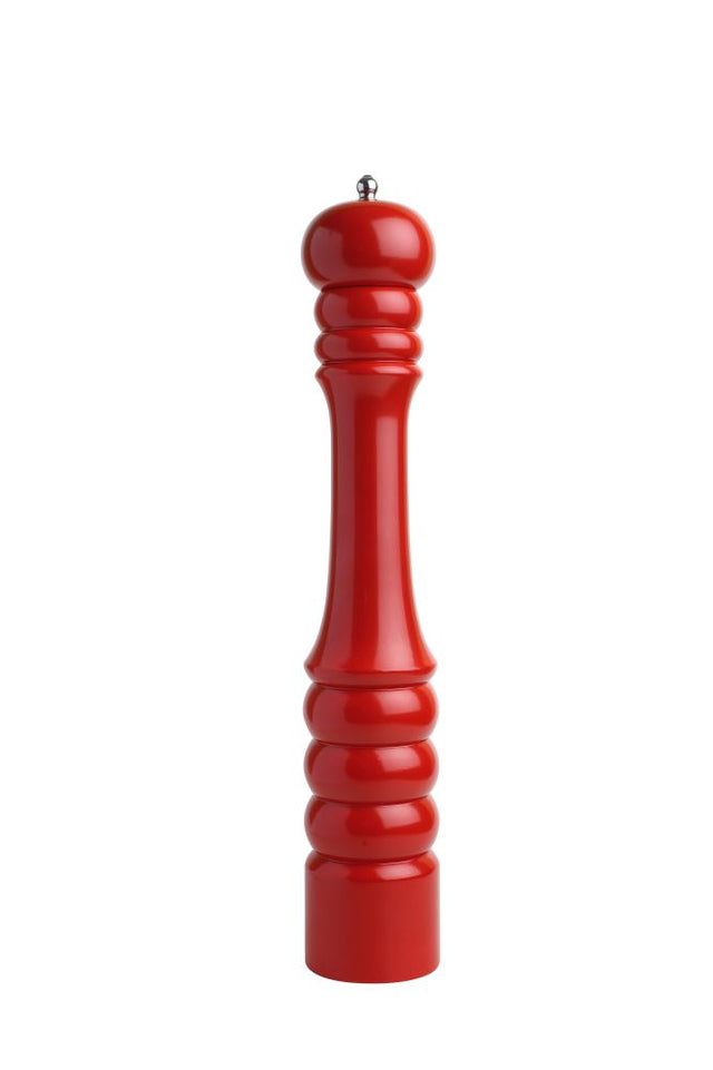 Elegant 405mm red gloss wooden pepper mill, blending style and functionality for gourmet cooking.