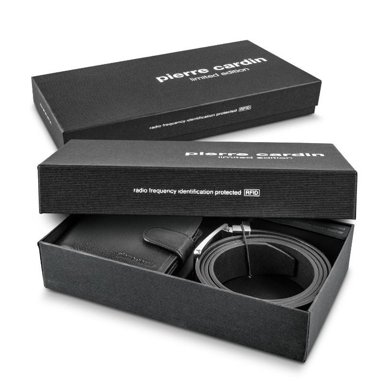 Leather Wallet  Belt Gift Set - Pierre Cardin (Black)
