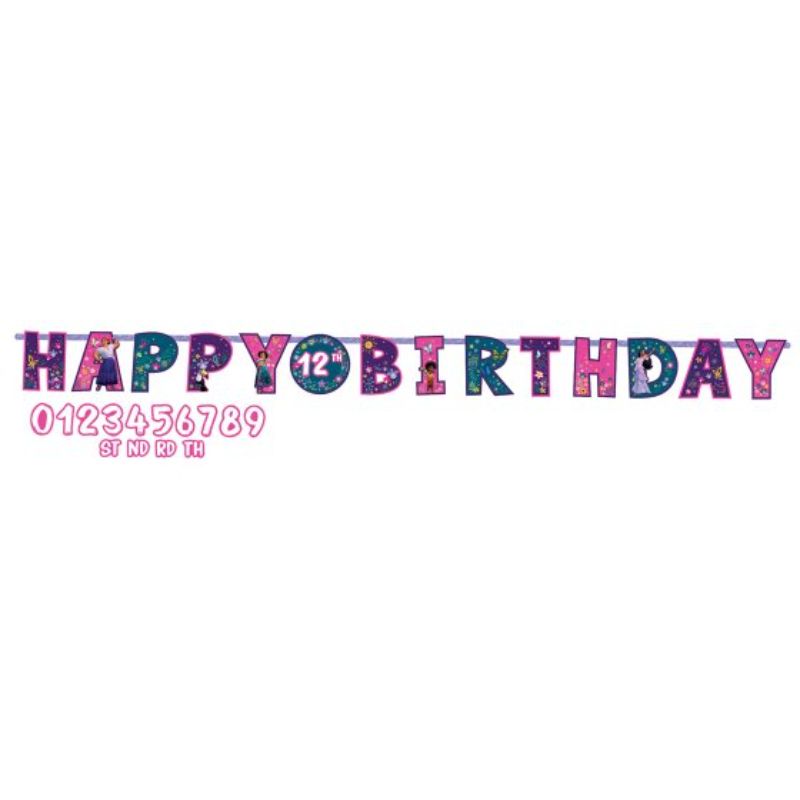 Bright Encanto Jumbo Add-An-Age Letter Banner, customizable for age celebrations with vibrant colors and festive graphics.