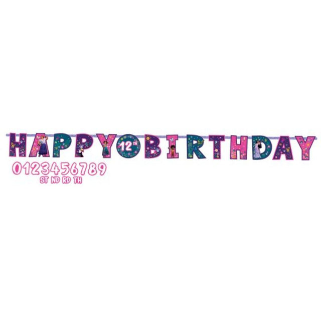 Bright Encanto Jumbo Add-An-Age Letter Banner, customizable for age celebrations with vibrant colors and festive graphics.