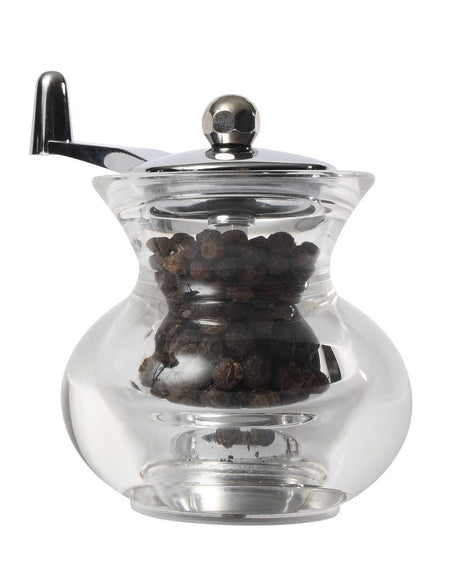 Clear acrylic Cauldron Pepper Mill with crank handle, 3.5 inches tall, stylishly dispenses freshly ground pepper.