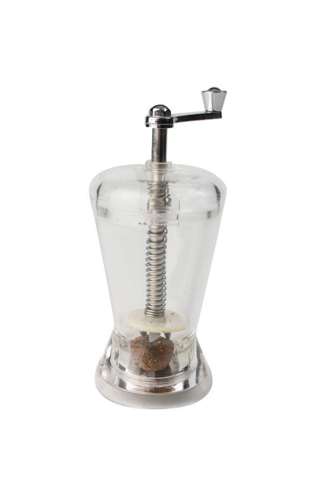 Clear acrylic nutmeg grinder, 4.75 inches tall, designed to easily grate nutmeg with a simple turning mechanism.