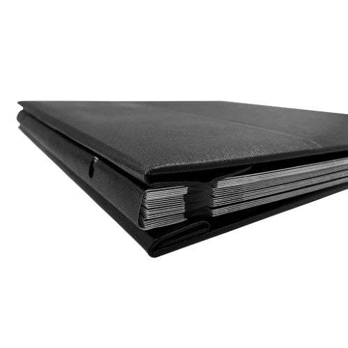 Self-adhesive black photo album with durable cover, 5 removable pages for easy photo mounting and protection.