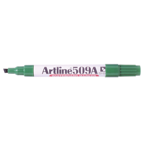 Artline 509a Green Whiteboard Markers, 12-pack, 5mm chisel nib, low-odour, bold pigment ink for vibrant writing.