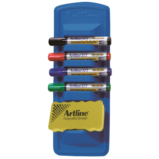 Artline 577 Whiteboard Caddy Starter Kit with 4 assorted markers, magnetic eraser, and easy mounting options.