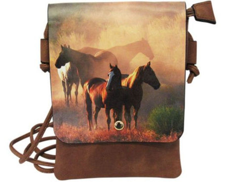 Stylish shoulder bag featuring a horse design, zip-top main compartment, and back pocket for phone or keys.