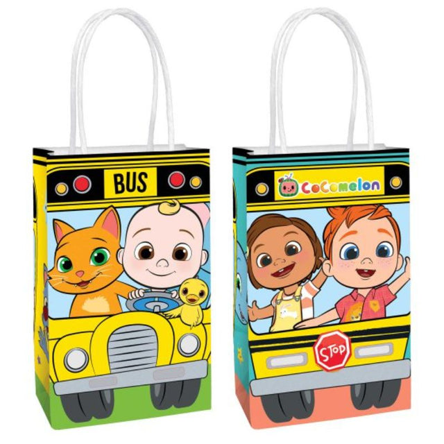 Set of 8 Cocomelon Paper Kraft Bags, perfect for children's parties, crafted from durable eco-friendly paper.