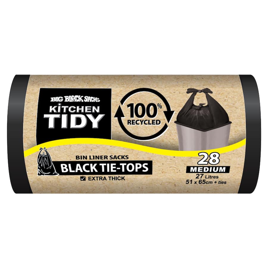Big Black Sacks Kitchen Tidy Liners 100% Recycle Black Tie Medium 28pack