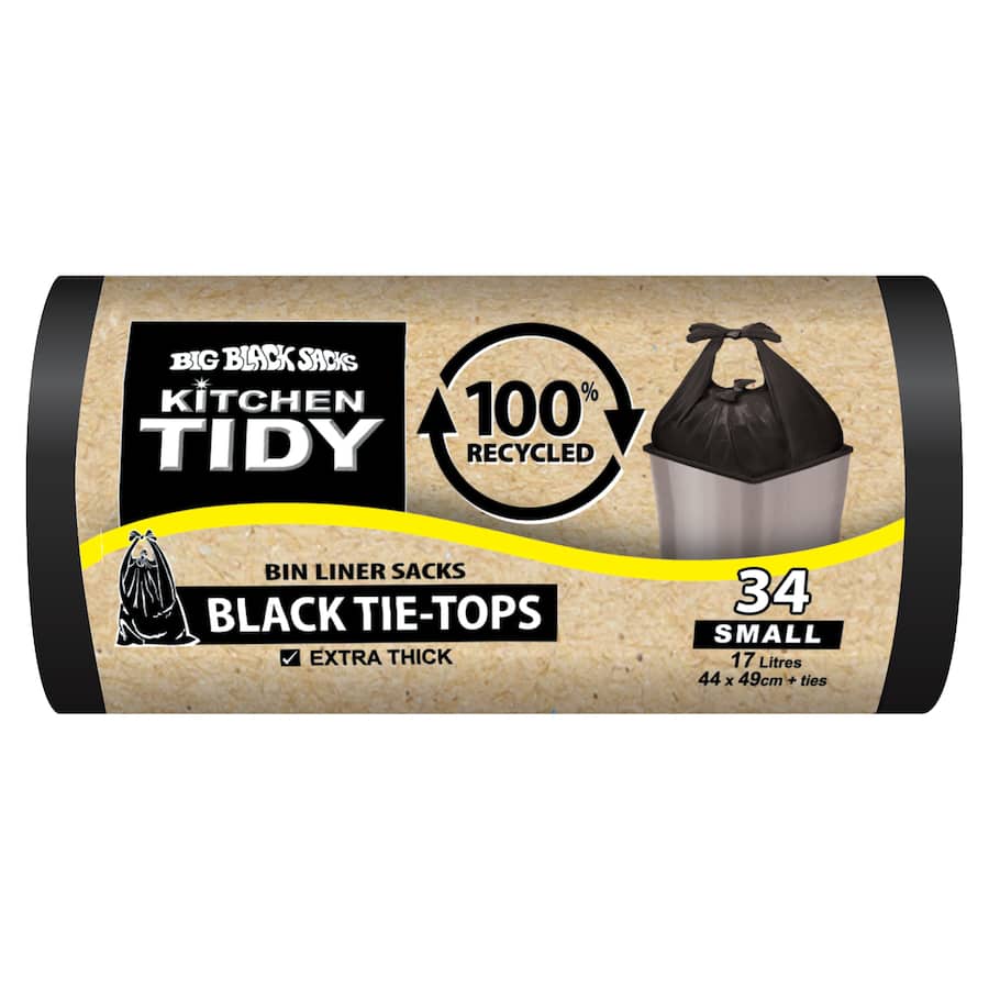 Big Black Sacks Kitchen Tidy Liners 100% Recycle Black Tie Small 34pack