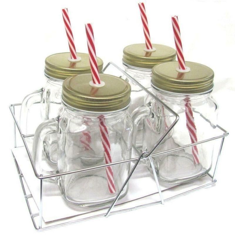 Avanti Mason Jar With Handle And Candy Stripe Straw 400ml | Set Of 4
