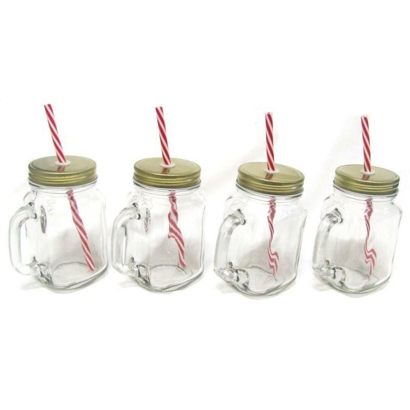 Avanti Mason Jar With Handle And Candy Stripe Straw 400ml | Set Of 4