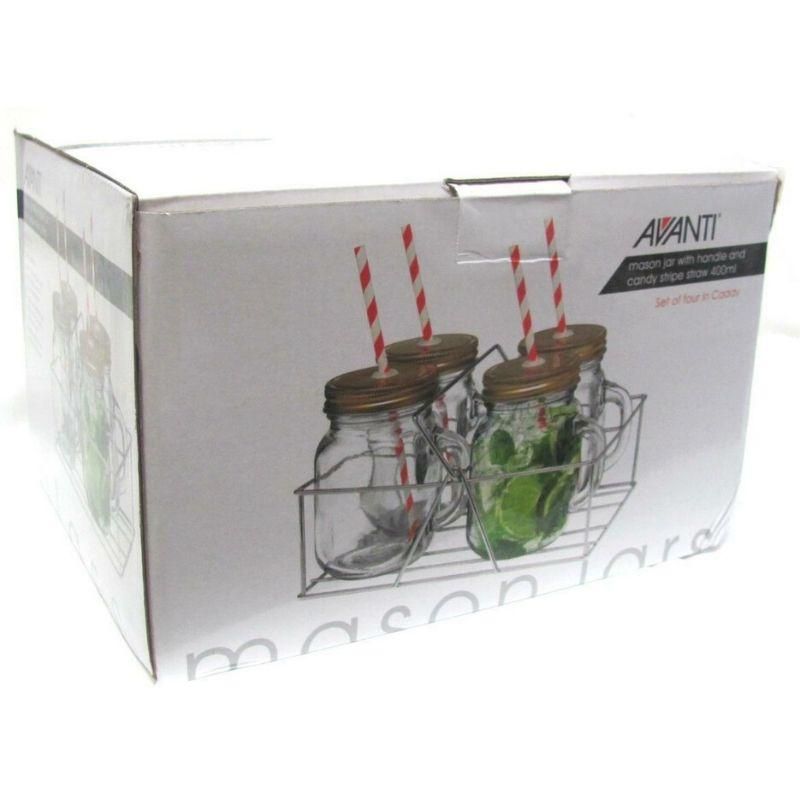 Avanti Mason Jar With Handle And Candy Stripe Straw 400ml | Set Of 4