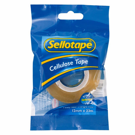 Sellotape 1100 Cellulose Tape 12mmx33m, eco-friendly, easy-tear, perfect for crafts and repairs with clear finish.