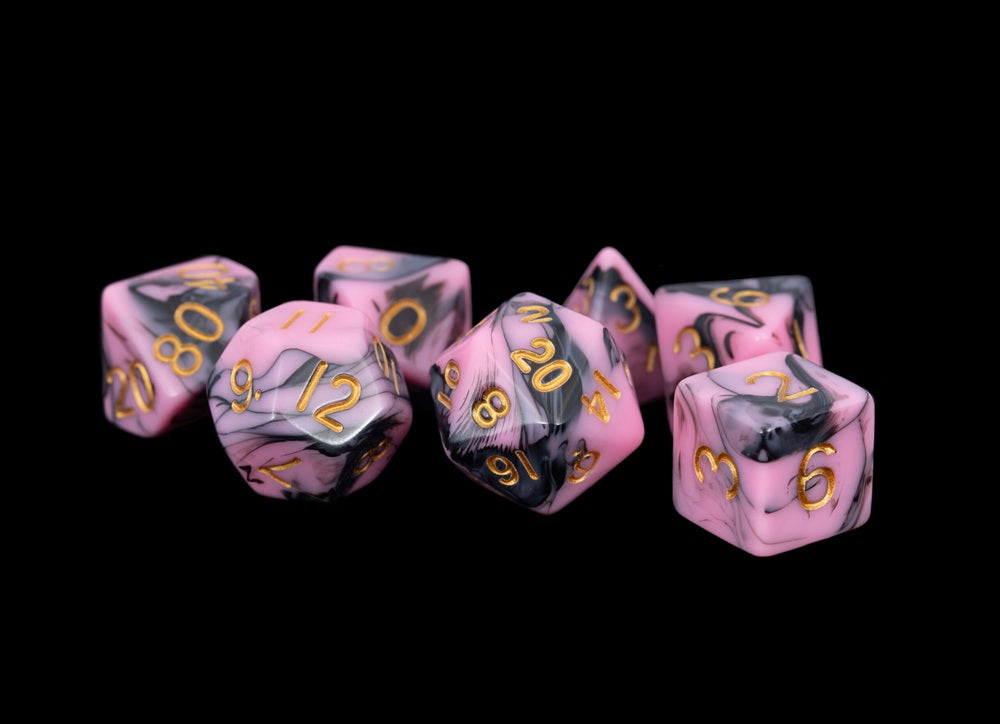 Fanroll: 16mm Acrylic Polyhedral Dice Set: Pink/Black w/ Gold Numbers