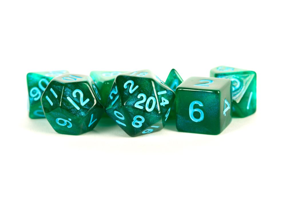 Fanroll: 16mm Acrylic Polyhedral Dice Set: Stardust Green w/ Blue Numbers