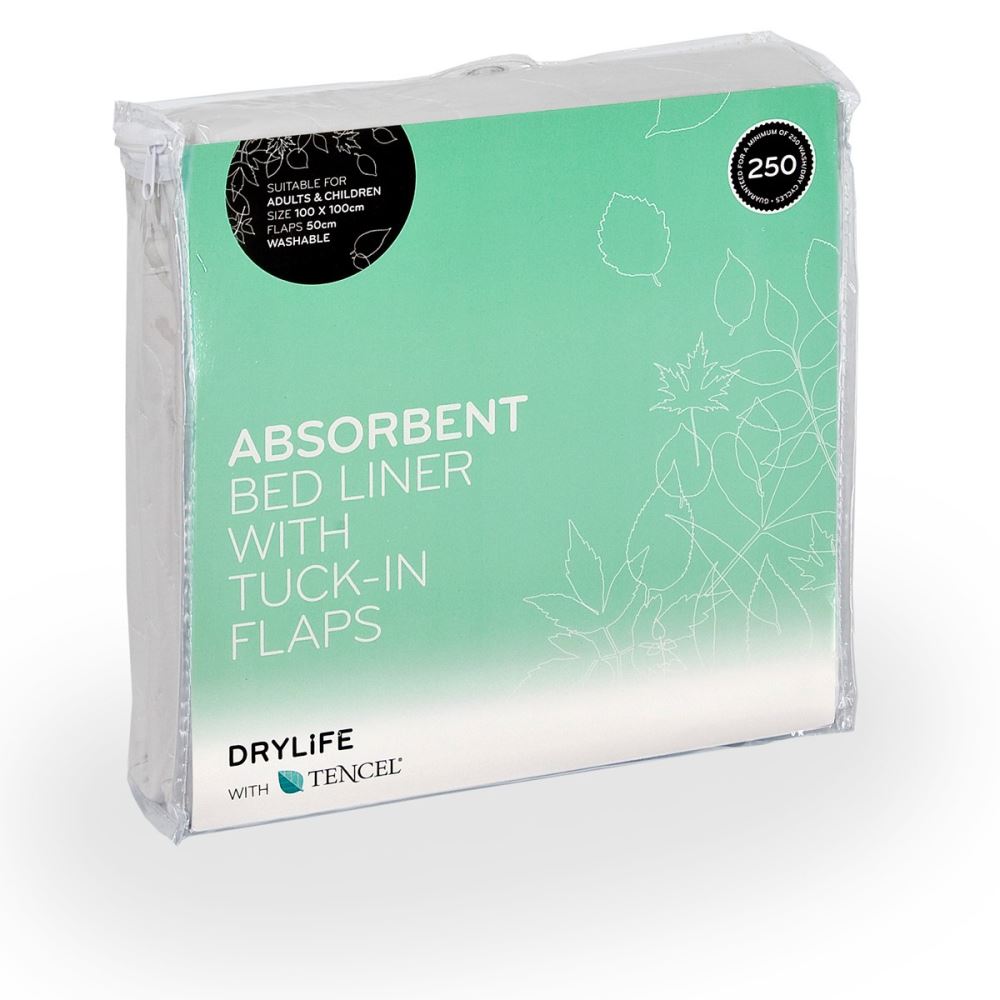 Super absorbent DryLife Bed Pad in white, featuring a waterproof backing and soft cotton top layer for ultimate mattress protection.