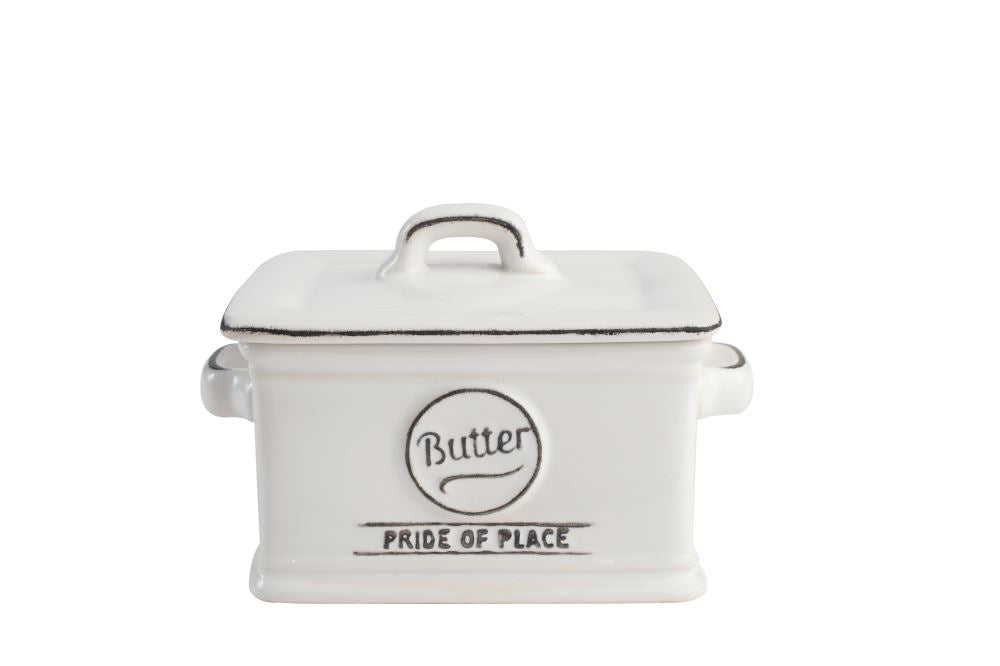 Elegant white butter dish by T & G, perfect for keeping butter fresh with a stylish design, measuring L135 x D97 x H100mm.