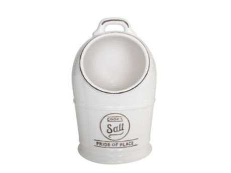 Elegant white salt pig with an open design for easy scooping, ideal for storing specialty salts and enhancing kitchen decor.