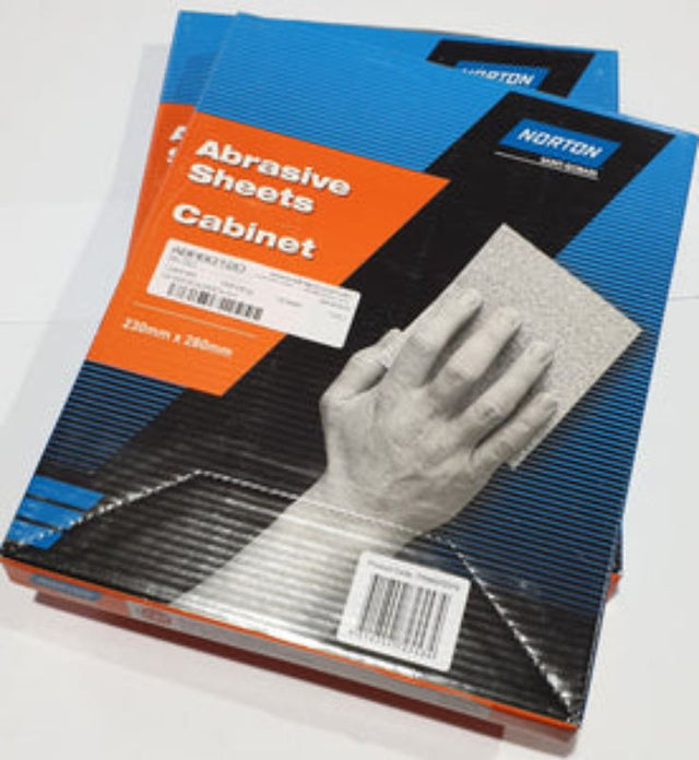 Norton 180g sandpaper sheets, 280mm x 230mm, 50-pack for a smooth finish on woodworking projects.