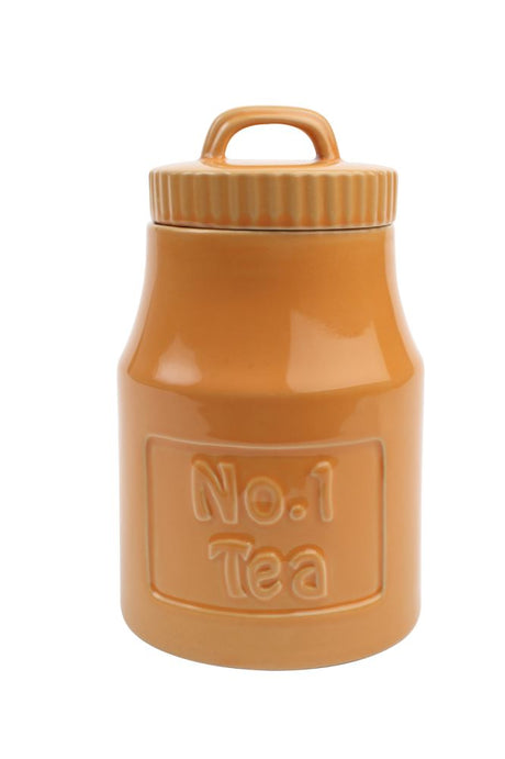 Vibrant ochre tea canister with sealing lid, perfect for organizing and enhancing your tea collection.