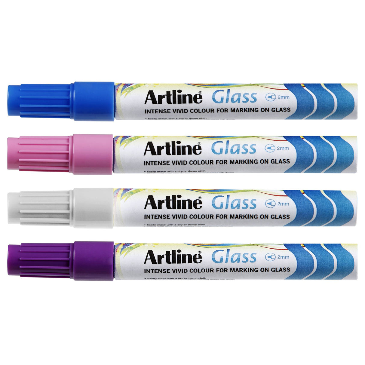 Set of 12 Artline Glass Markers in vibrant colors for writing on glossy surfaces, featuring a 4mm bullet nib for precision.
