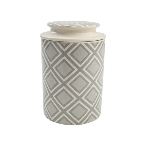 Elegant ceramic canister with sealing lid, ideal for storing food or as a decorative plant pot, measures D105 x 160mm.