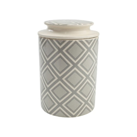 Elegant ceramic canister with sealing lid, ideal for storing food or as a decorative plant pot, measures D105 x 160mm.