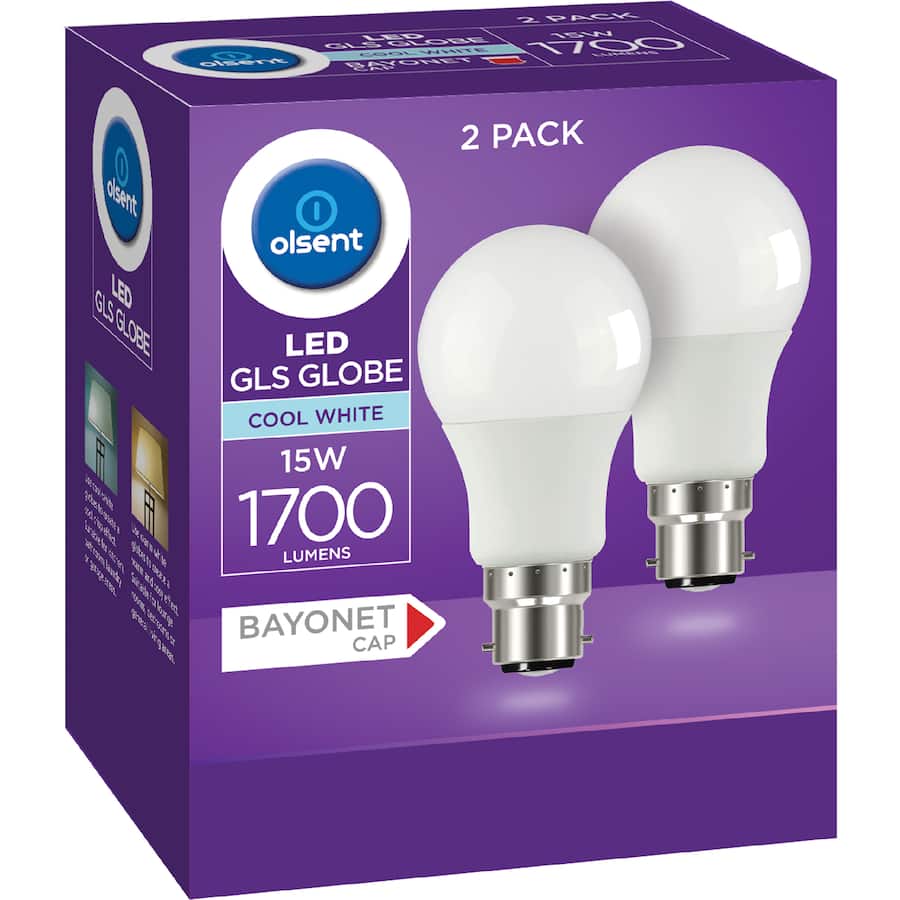Olsent Led Light Bulb Gls Bayonet 15w 1700lm Cw 2pack