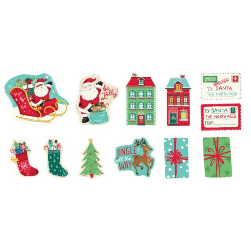 Set of 12 vibrant North Pole cutouts featuring Santa, reindeer, and snowmen in various sizes for festive holiday decor.