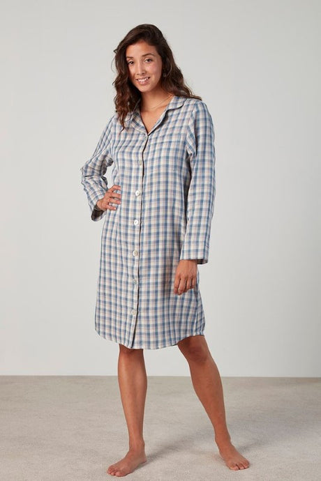 Chic plaid nightshirt in Medium by BAKSANA, featuring long sleeves and a button-up design, made from OEKO-TEX® certified cotton.