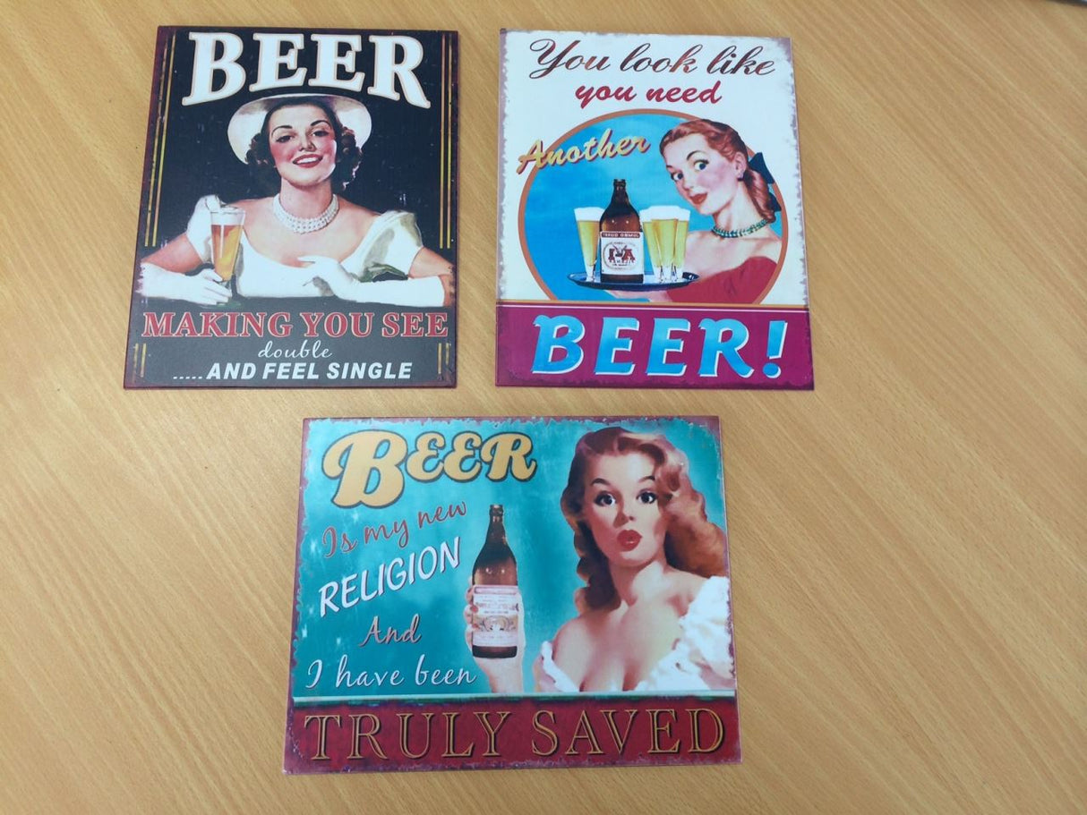 Metal Wall Art Plaque - Beer (Set Of 3)