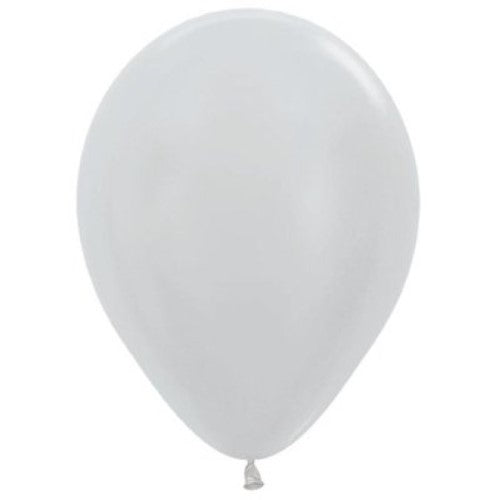 Pack of 50 Sempertex 30cm satin pearl silver latex balloons, perfect for elegant celebrations and decorations.