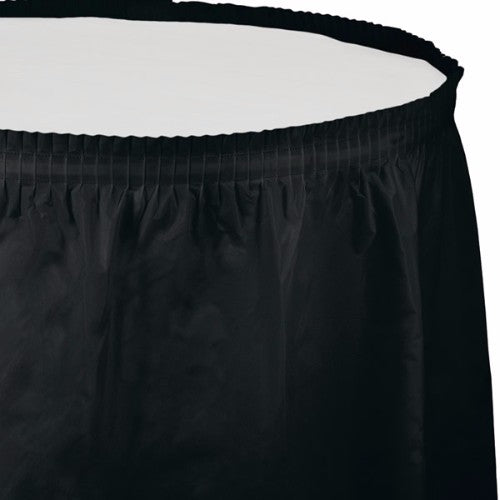 Elegant black velvet table skirt with adhesive backing, perfect for events, 74cm x 4.26m, durable and easy to use.