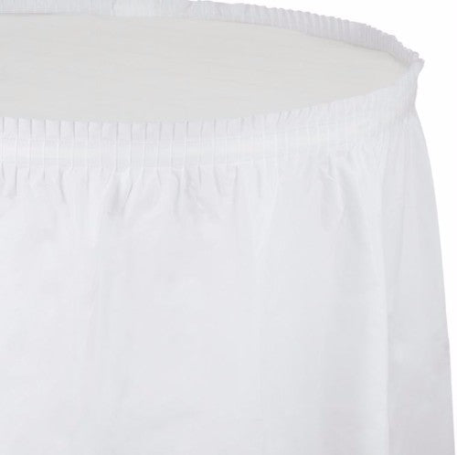 Elegant white plastic table skirt with adhesive backing, measuring 74cm x 4.26m, perfect for various events.