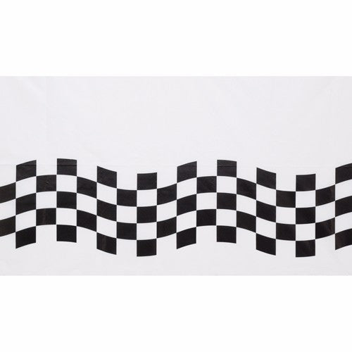 Black and white check tablecover paper, 54cm x 102cm, adds elegance to any occasion with a stylish disposable design.