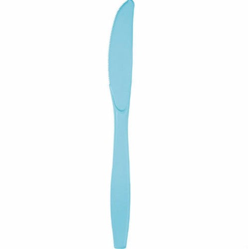 Pack of 12 pastel blue disposable plastic knives, stylish and durable for parties and everyday use.