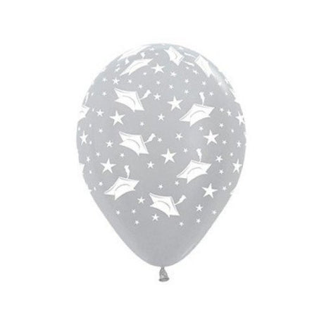 Satin pearl silver balloons featuring graduation hats and stars, perfect for elegant celebration decor, pack of 25.